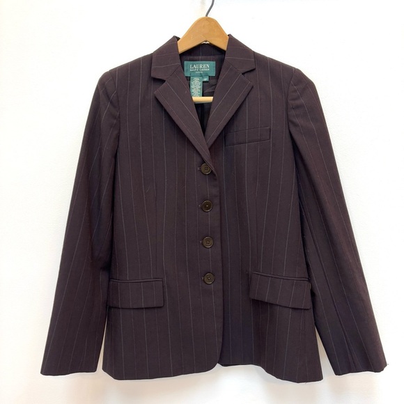 Lauren Ralph Lauren Pinstripe Wool Blazer Brown Academia Preppy Office 10P - Picture 2 of 12